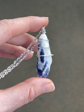 Handmade Seashell Necklace in Blue and White on a Silver Tone Chain